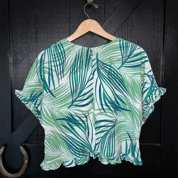 For Cynthia Linen Blend Boxy Ruffle Tropical Leaf Print Cropped Blouse Top Sz S - Picture 5 of 8